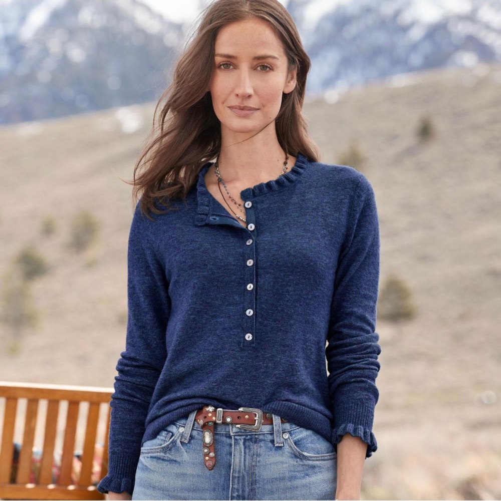 Sundance Edwina Henley Blue Wool Sweater PL